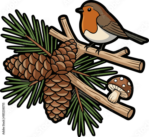 Charming Robin Perched on Pine Branch with Cones and Mushroom.