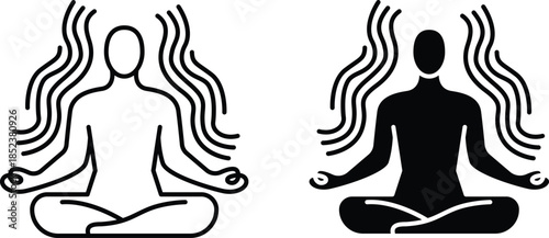 Yoga meditation poses symbol visual stylized figures meditating with flowing lines emanating from their heads