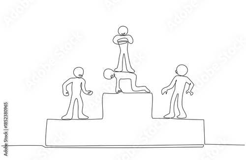 Continuous one line illustration of a winner standing on the back of another person on a podium, dominance, inequality, power imbalance, and controversial success in competition. Editable stroke