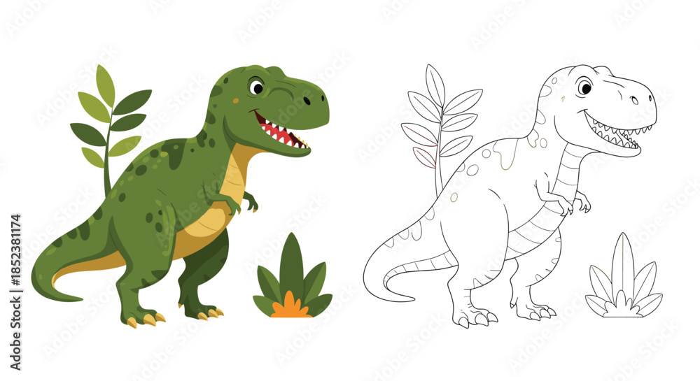 Fototapeta premium Friendly green Tyrannosaurus Rex dinosaur illustrated as a cute cartoon character and a matching black and white line art for coloring.