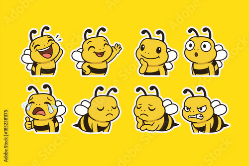 Cartoon Bee Character Set Expressing Various Emotions on Yellow Background, Vector Illustration