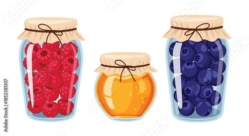 Three charming glass jars with rustic paper lids, filled with fresh raspberries, sweet golden honey, and ripe blueberries for preserving.