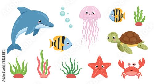 Cute collection of smiling sea creatures, including a dolphin, jellyfish, fish, turtle, starfish, crab, and various types of seaweed.