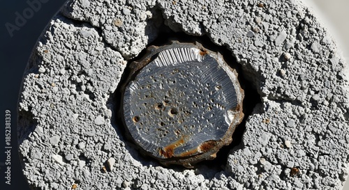 Close-up of corroded metal embedded within a rough, textured concrete surface, showing signs of wear and material degradation