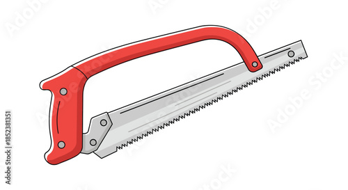 Simple cartoon illustration of a hacksaw with a red handle and frame, a hand tool used for cutting metal and other hard materials.