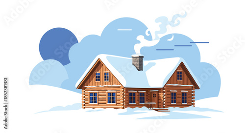 Cozy wooden log cabin covered in snow with smoke coming from the chimney, set in a winter landscape with abstract blue shapes.