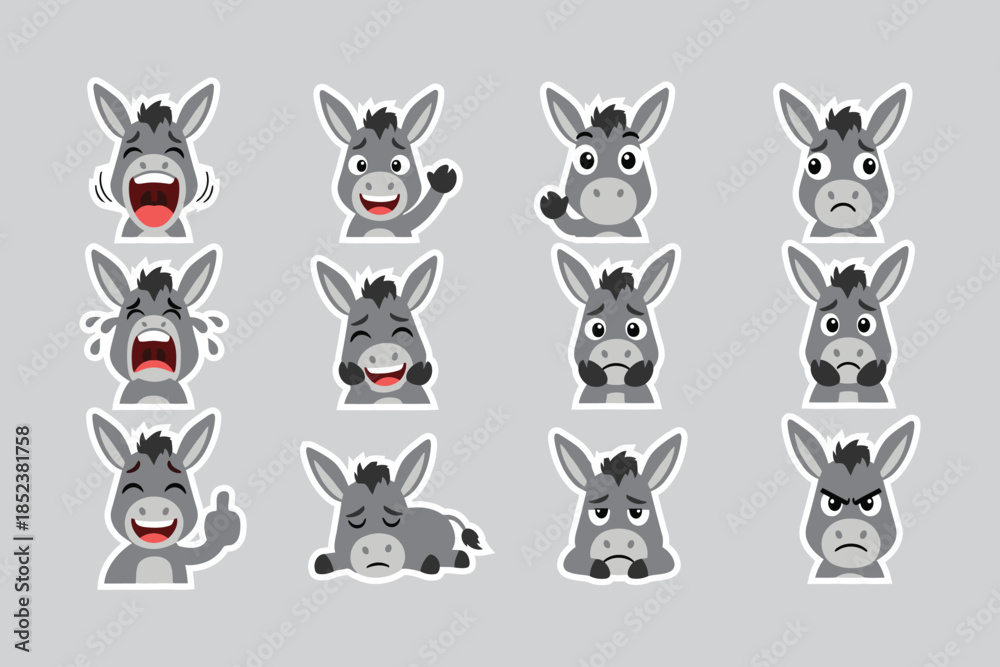 Fototapeta premium Cartoon Donkey Emoticon Set Expressing Various Emotions, Funny Gray Animal Character Isolated on Background