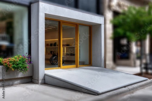 Wallpaper Mural Accessibility Entrance: A contemporary building entrance is thoughtfully designed with a ramp, seamlessly integrating accessibility with architectural excellence. Torontodigital.ca