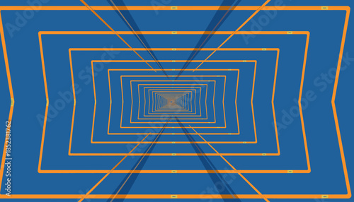 Abstract digital tunnel with glowing orange squares receding into a vanishing point on a blue background.