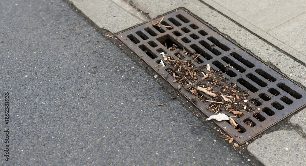 Fototapeta premium Urban storm drain grate clogged with leaves and debris. Metal sewer cover on an asphalt road next to a concrete curb with copy space