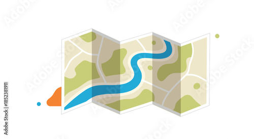 A stylized folded paper map icon showing a winding blue river through green land masses, representing travel, geography, navigation, and exploration concepts.