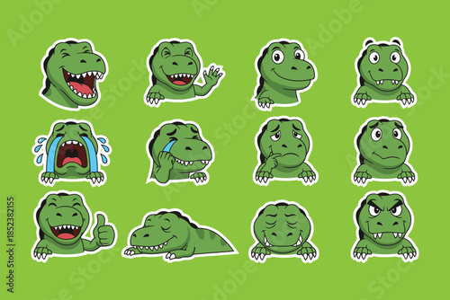 Cute Cartoon Dinosaur Stickers with Various Emotions on Green Background, Funny T-Rex Character Emoticons