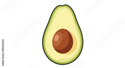 A simple and clean illustration of a ripe avocado cut in half, showing the green flesh and the large brown seed, isolated on a white background.