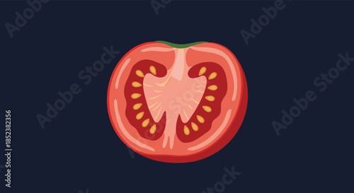 A cross-section illustration of a juicy red tomato, showing the inner pulp, seeds, and structure, set against a solid dark blue background for contrast.