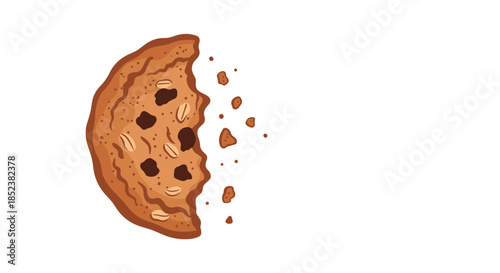 An appetizing illustration of a half-eaten oatmeal and raisin cookie with crumbs breaking off, isolated on a clean white background with copy space.