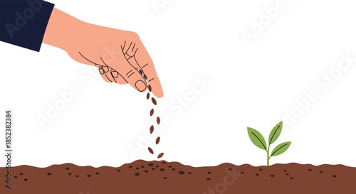 A conceptual illustration of a hand sowing seeds into fertile brown soil, with a small green sprout emerging, symbolizing growth, new beginnings, and agriculture.