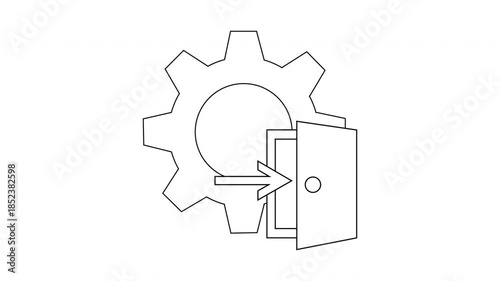 A gear behind an open door with an arrow pointing inside