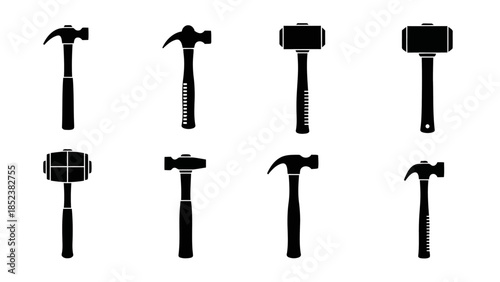 Minimalist black hammer icons set Simple vector silhouettes for construction and repair EPS10 Stock.eps