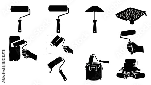 Minimalist Black Silhouette Vector Icons of Painting Tools and Supplies EPS10 Stock.eps