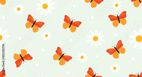 A sweet and simple seamless pattern of orange butterflies and white daisies on a pale green background, perfect for spring or nursery-themed projects.