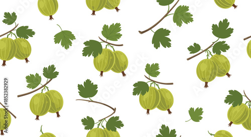 A seamless botanical pattern featuring branches of green gooseberries with leaves, creating a fresh and natural background for fabric or wallpaper designs.