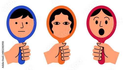 Three stylized hands hold up colorful handheld mirrors reflecting different simplified facial expressions including neutral focused and surprised face reflection holding human