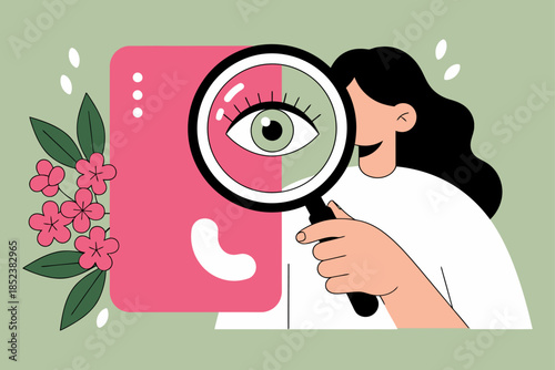 Cheerful woman using a magnifying glass to examine an enlarged eye symbol on a large pink digital screen next to blooming flowers examination inspection looking scrutiny surveillance