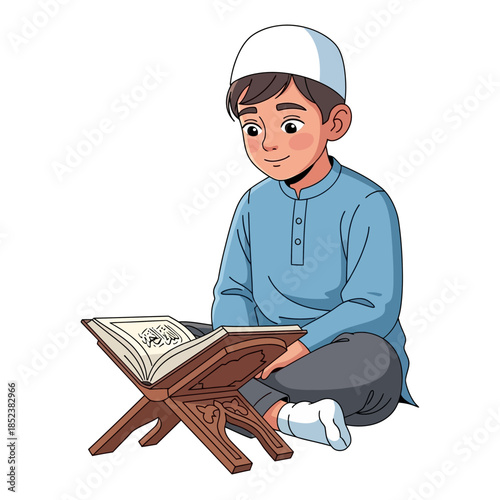 Young Muslim Boy Reading Holy Quran on Wooden Stand Cartoon Illustration.