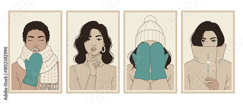 Set of four minimalist illustrations depicting diverse women enjoying winter moments including holding a sparkler wearing warm mittens and keeping quiet cold fashion portrait