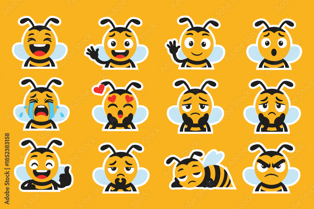 Fototapeta premium Cartoon honey bee emoticons set showing different emotions, isolated on yellow background, vector illustration