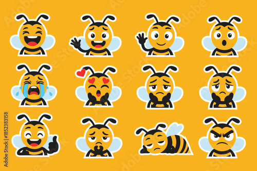 Cartoon honey bee emoticons set showing different emotions, isolated on yellow background, vector illustration