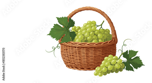 A rustic wicker basket overflowing with bunches of ripe green grapes with leaves and vines, isolated on a white background with ample copy space.