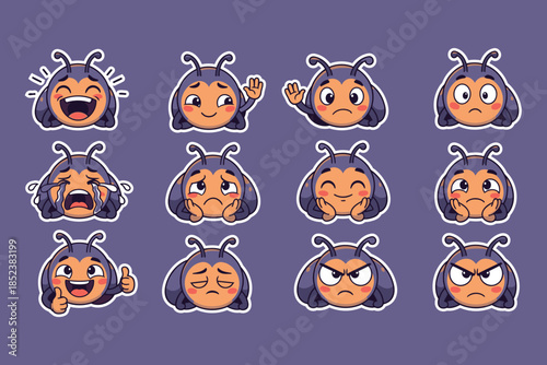 Cute bug cartoon character showing various emotions, sticker sheet. Vector emoji set for social media, messaging and design.