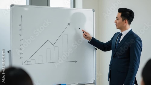 Asian businessman presenting a growing financial chart on a whiteboard to colleagues.