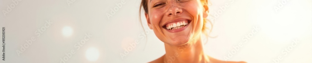 Obraz premium Radiant subject, bright smile against pure white, portrait, lifestyle, vibrant