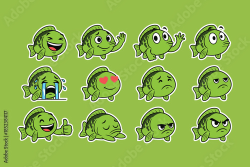 Set of Green Fish Cartoon Emoji Stickers with Various Emotions and Expressions on a Green Background