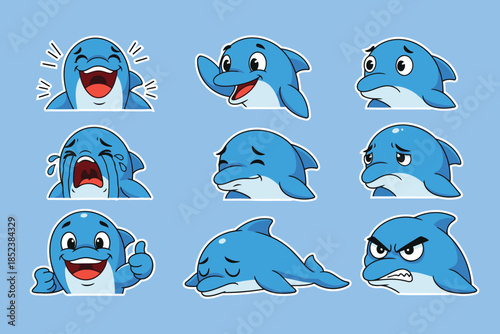 Cartoon Dolphin Emoticons Set: Expressing Various Emotions, Funny Vector Stickers