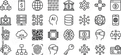 Blockchain technology and artificial intelligence icon set featuring cryptocurrency mining digital finance security virtual reality data networking cloud computing futuristic automation and smart 