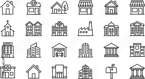 Building and architecture icon set featuring house real estate hospital hotel bank office store factory church school garage mailbox library government and city landmarks
