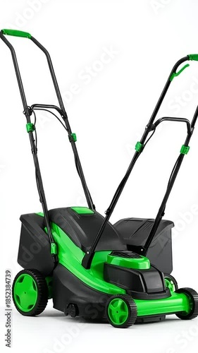 Modern Green Electric Lawn Mower on a White Background.