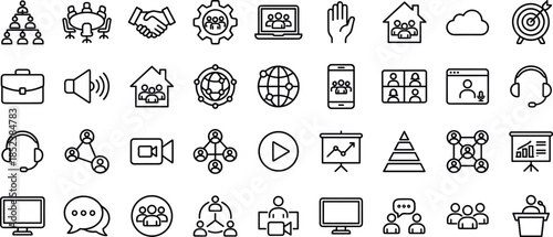 Business communication icon set featuring remote work symbols, online meeting icons, team collaboration graphics, video conference elements, corporate management tools, and digital networking 