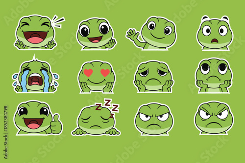 Collection of green frog cartoon emoticons expressing various emotions on a green background, perfect for stickers and illustrations.