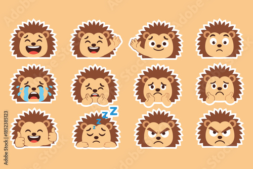 Cute and kawaii Hedgehog Emoticons Set: Cartoon Animal Character Expressing Various Emotions, Vector Illustration for Stickers and Designs