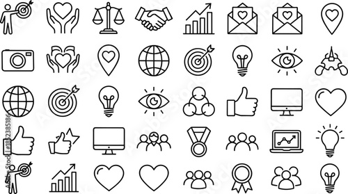 Business values ​​and corporate success icon set featuring heart symbols for empathy, scales of justice, handshake for partnership, target goals, growth charts, and team leadership.
