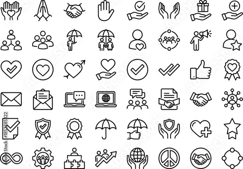 Charity and social care line icons set, hand heart donation community support volunteer help protection love unity peace global humanitarian outline symbols collection isolated