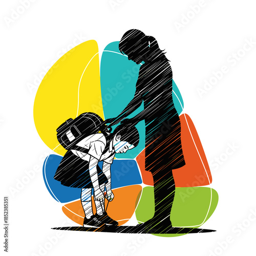 A caring parent helps their young student child prepare for school, ensuring shoelaces are securely tied and the backpack is ready for a day of learning and growth