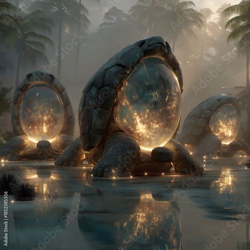 Source of Life · Divine Turtles Nurturing Eggs - Chinese Dong Ethnic Creation Myth: Jade Turtles Nurturing Glowing Eggs with Ancestor Silhouettes