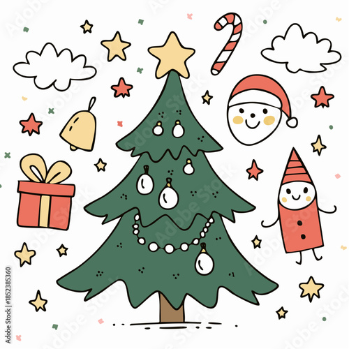 Cute Christmas doodle vector illustration featuring a decorated tree with a star on top and festive characters around it