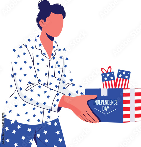 Woman holding independence day gifts suitable for banners, social media posts, websites, and promotional material related to july 4th celebrations.