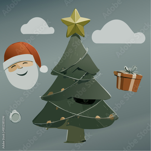 A festive Christmas tree illustration with a smiling Santa, gifts, and a star on top in a flat design style